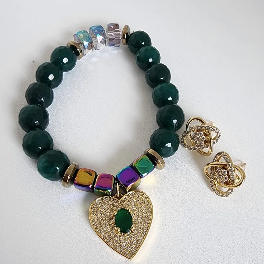 Agate Beaded Bracelet Green Gold Heart Charm CZ + Matching Earrings Jewelry Set